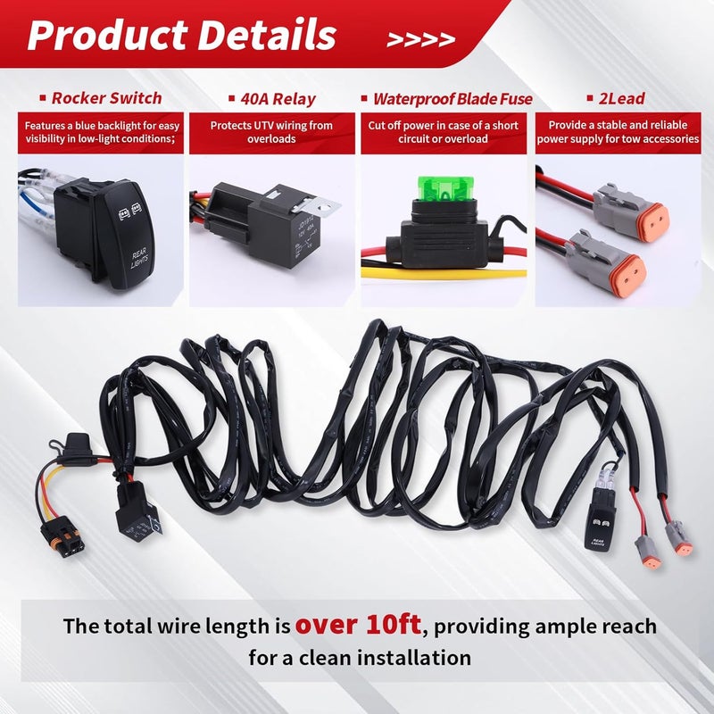 Solvrex UTV Rear Light Wiring Harness with Plug & Play Pulse Busbar Connector DT Plug Compatible with Polaris RZR Ranger General, 16AWG 2 Lead Rocker On Off Switch - Image 2